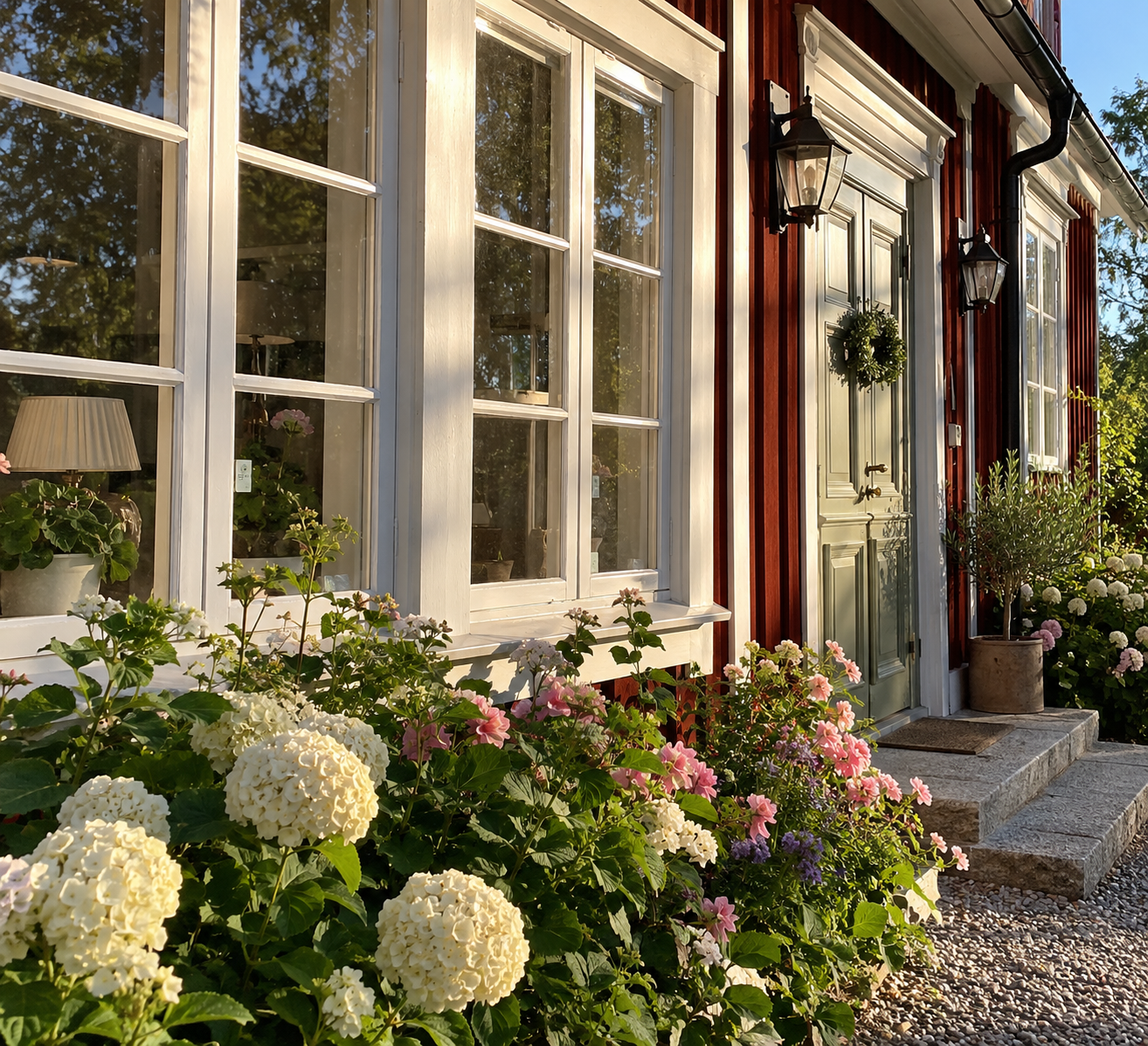 Red painted wooden house with divided windows, a sage-green front door and blooming hydrangeas in warm sunlight