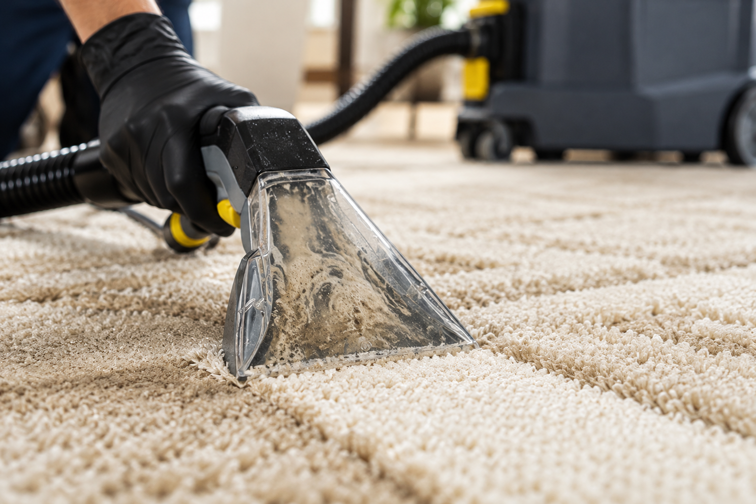 Gloved hand guiding a transparent extraction nozzle over a light beige shaggy rug, with the cleaned and uncleaned areas visible