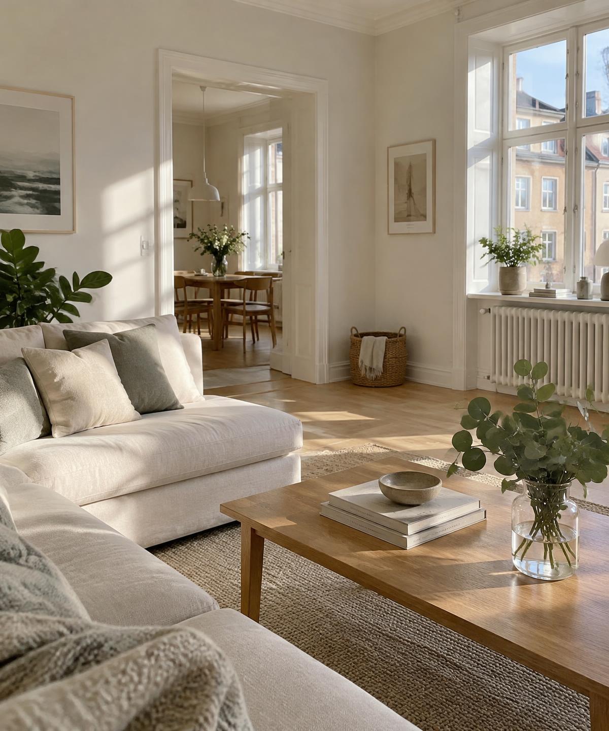 Ljust, nystädat vardagsrum med linnesoffa, ekgolv och solljus genom rena fönster